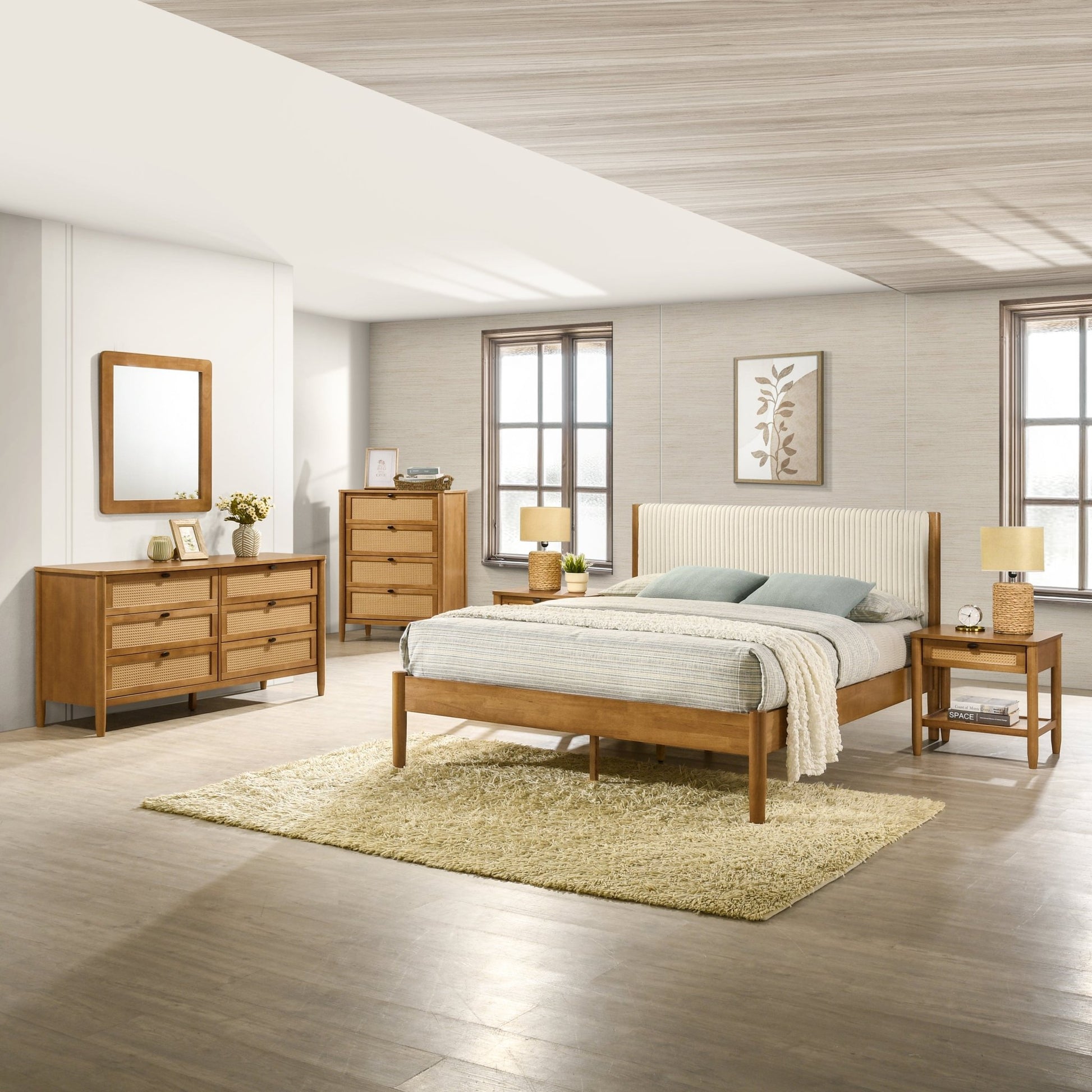 Vichy 6 - Piece Rubberwood Bedroom Set with Corduroy Upholstered Queen Bed, Dresser, Mirror, 2 Nightstands, and Chest - 1st Choice Furniture Direct
