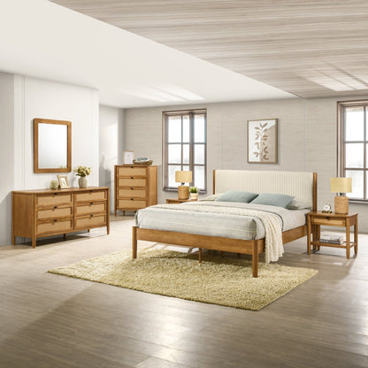 Vichy 6 - Piece Rubberwood Bedroom Set with Corduroy Upholstered Queen Bed, Dresser, Mirror, 2 Nightstands, and Chest - 1st Choice Furniture Direct
