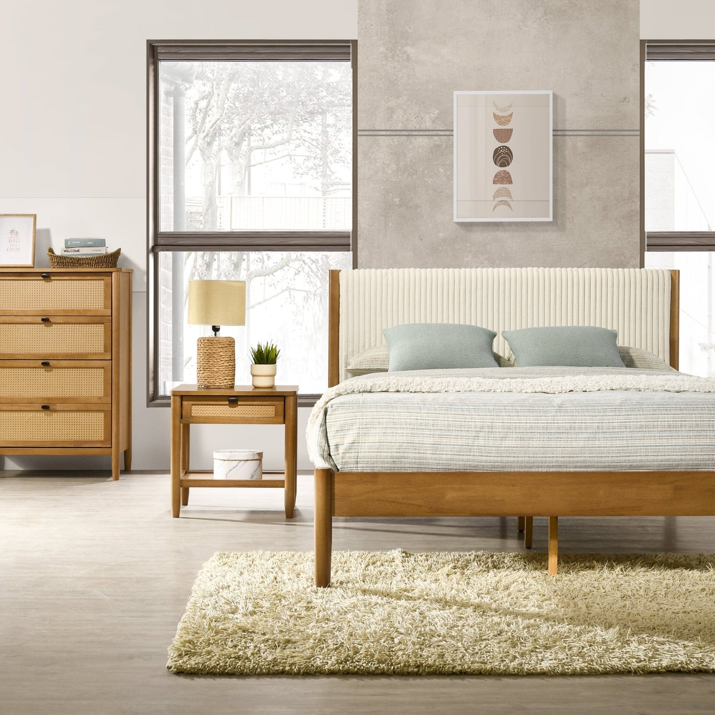 Vichy 6 - Piece Rubberwood Bedroom Set with Corduroy Upholstered Queen Bed, Dresser, Mirror, 2 Nightstands, and Chest - 1st Choice Furniture Direct