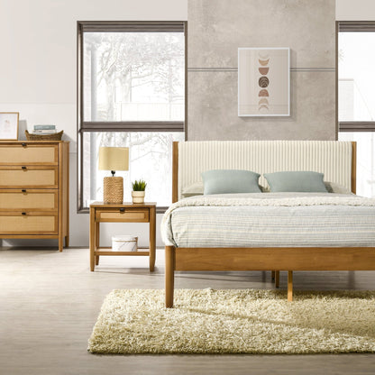 Vichy 6 - Piece Rubberwood Bedroom Set with Corduroy Upholstered Queen Bed, Dresser, Mirror, 2 Nightstands, and Chest - 1st Choice Furniture Direct