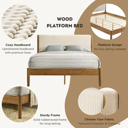 Vichy 6 - Piece Rubberwood Bedroom Set with Corduroy Upholstered Queen Bed, Dresser, Mirror, 2 Nightstands, and Chest - 1st Choice Furniture Direct