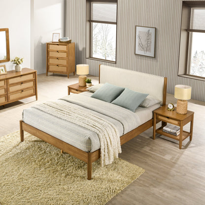 Vichy 6 - Piece Rubberwood Bedroom Set with Corduroy Upholstered Queen Bed, Dresser, Mirror, 2 Nightstands, and Chest - 1st Choice Furniture Direct