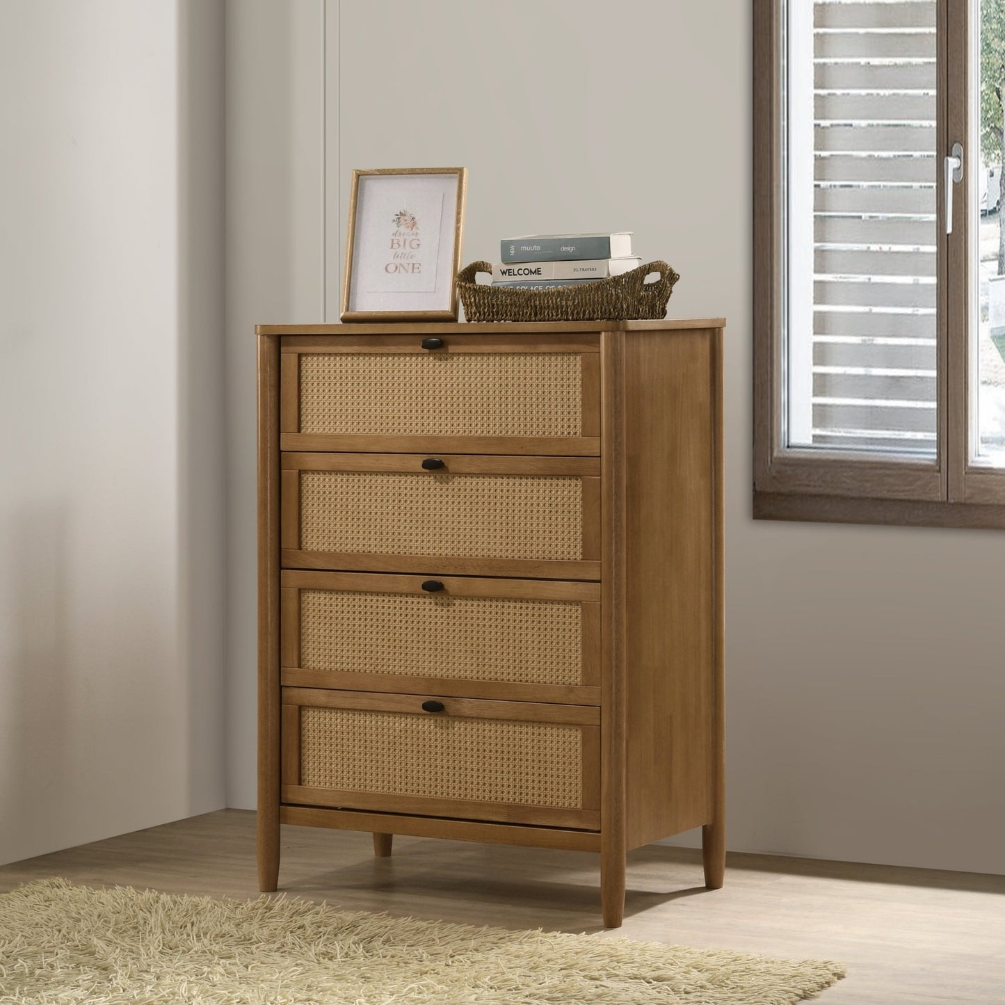 Vichy 6 - Piece Rubberwood Bedroom Set with Corduroy Upholstered Queen Bed, Dresser, Mirror, 2 Nightstands, and Chest - 1st Choice Furniture Direct