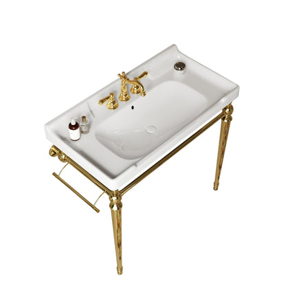 VICI 36' Bathroom Console Sink, Wall - Mounted White Ceramic Vanity Basin with 3 Pre - drilled Faucet Holes, Freestanding Stainless Steel Support Legs with Towel Bar, No Faucet & Sink Cover, Gold Color - 1st Choice Furniture Direct