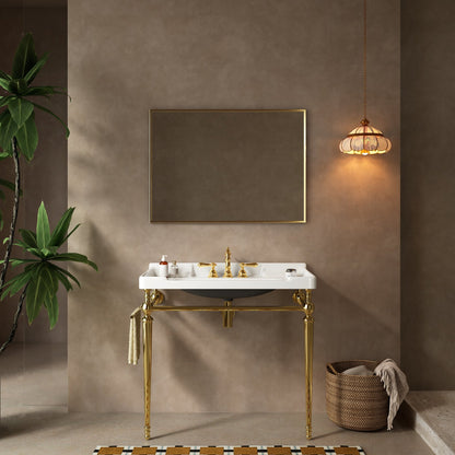 VICI 36' Bathroom Console Sink, Wall - Mounted White Ceramic Vanity Basin with 3 Pre - drilled Faucet Holes, Freestanding Stainless Steel Support Legs with Towel Bar, No Faucet & Sink Cover, Gold Color - 1st Choice Furniture Direct