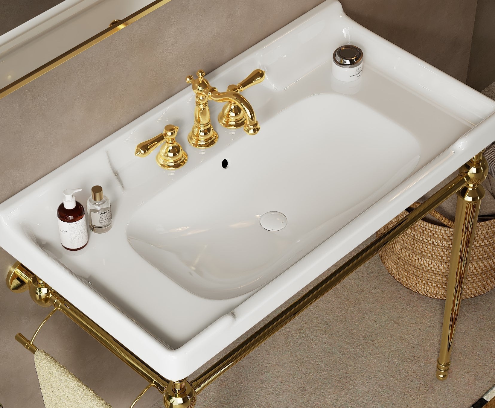 VICI 36' Bathroom Console Sink, Wall - Mounted White Ceramic Vanity Basin with 3 Pre - drilled Faucet Holes, Freestanding Stainless Steel Support Legs with Towel Bar, No Faucet & Sink Cover, Gold Color - 1st Choice Furniture Direct