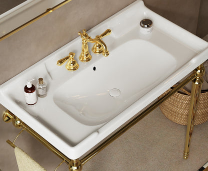 VICI 36' Bathroom Console Sink, Wall - Mounted White Ceramic Vanity Basin with 3 Pre - drilled Faucet Holes, Freestanding Stainless Steel Support Legs with Towel Bar, No Faucet & Sink Cover, Gold Color - 1st Choice Furniture Direct