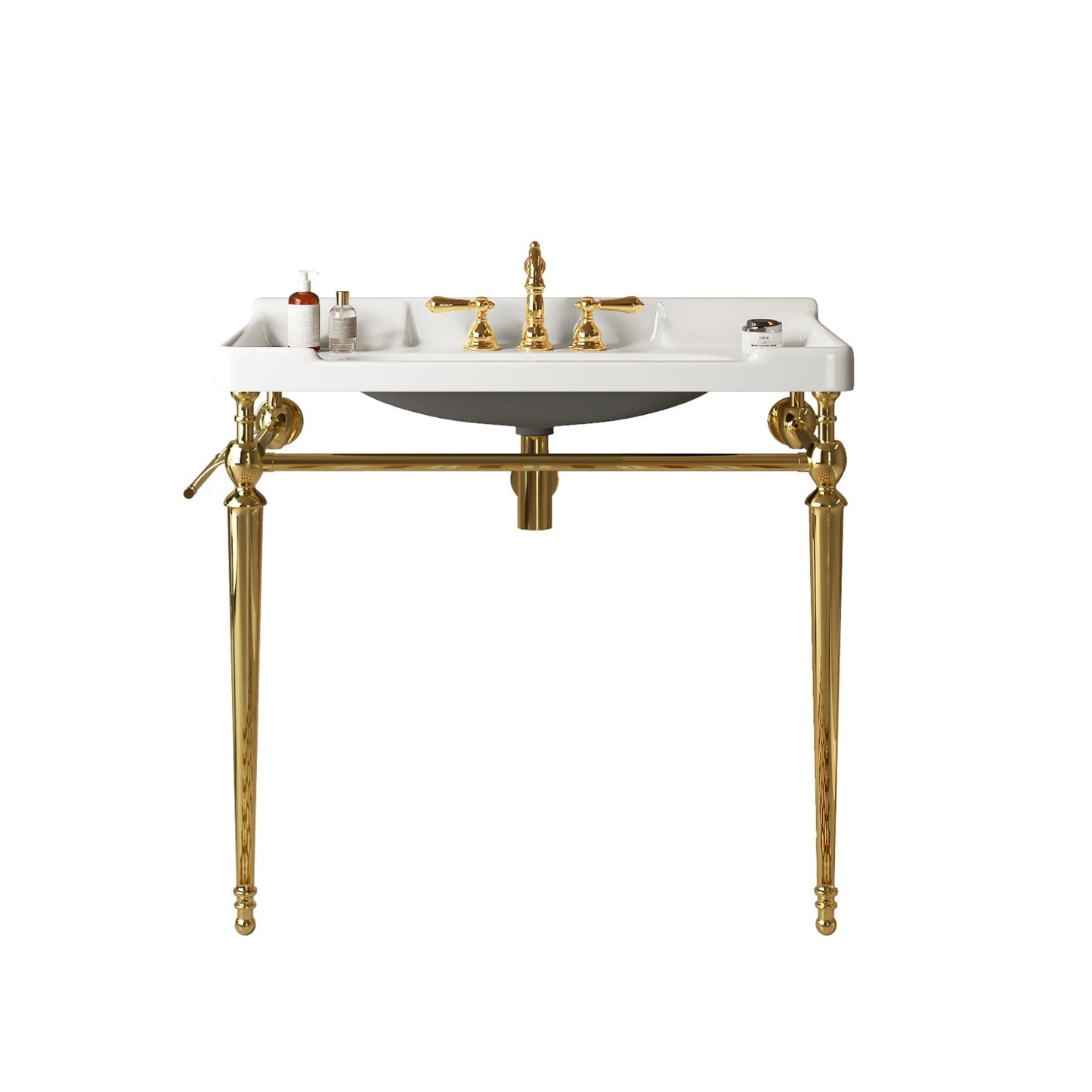 VICI 36' Bathroom Console Sink, Wall - Mounted White Ceramic Vanity Basin with 3 Pre - drilled Faucet Holes, Freestanding Stainless Steel Support Legs with Towel Bar, No Faucet & Sink Cover, Gold Color - 1st Choice Furniture Direct