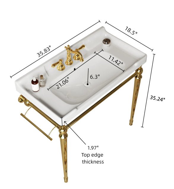 VICI 36' Bathroom Console Sink, Wall - Mounted White Ceramic Vanity Basin with 3 Pre - drilled Faucet Holes, Freestanding Stainless Steel Support Legs with Towel Bar, No Faucet & Sink Cover, Gold Color - 1st Choice Furniture Direct