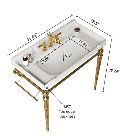 VICI 36' Bathroom Console Sink, Wall - Mounted White Ceramic Vanity Basin with 3 Pre - drilled Faucet Holes, Freestanding Stainless Steel Support Legs with Towel Bar, No Faucet & Sink Cover, Gold Color - 1st Choice Furniture Direct