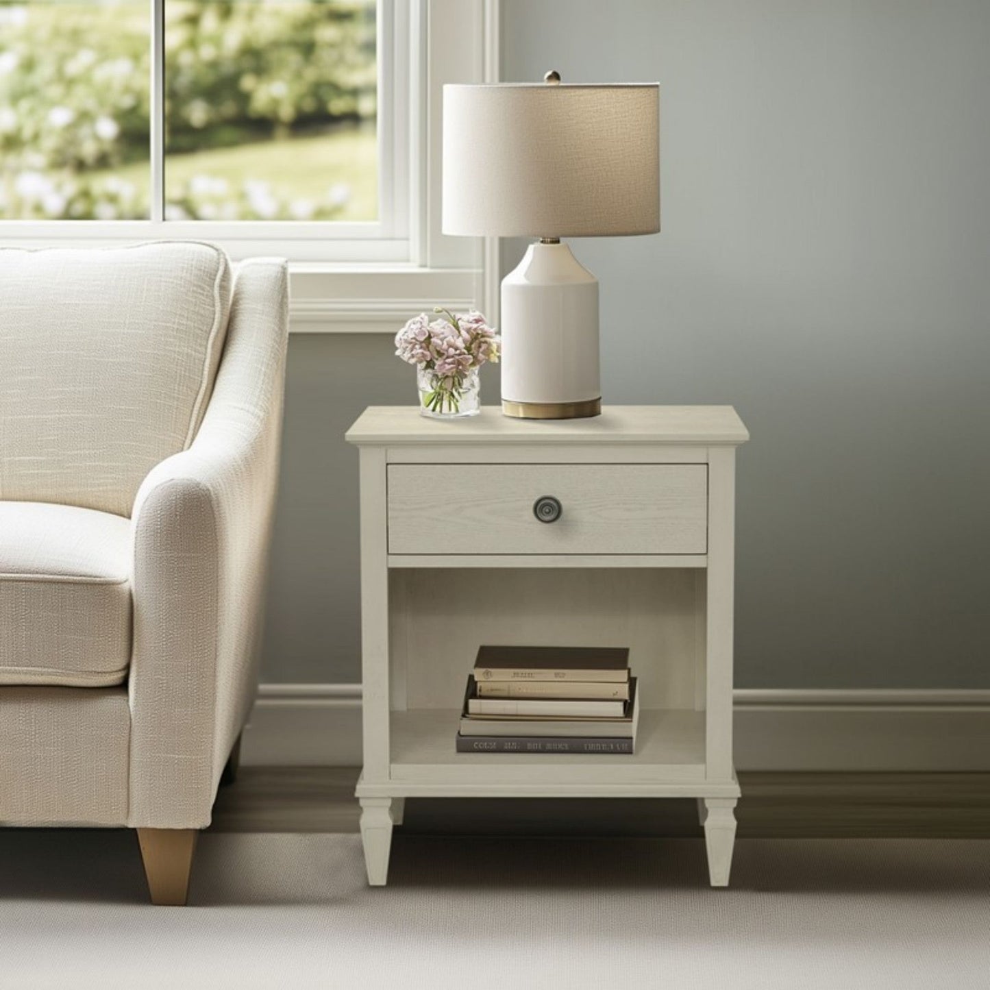 Victoria Nightstand Antique Cream with Open Storage and Solid Wood Legs - 1st Choice Furniture Direct