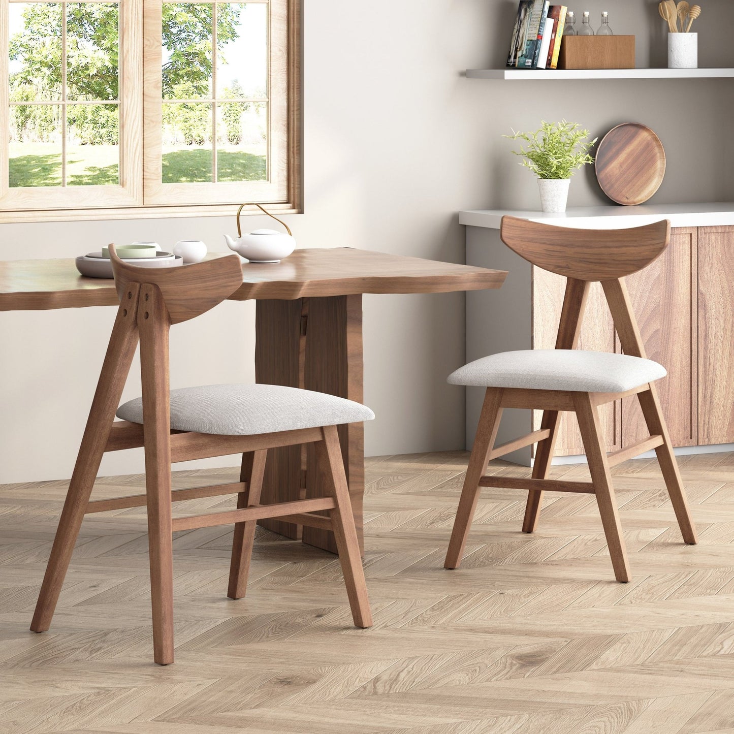 VIDA Mid - Century Modern Dining Chair Set of 2 with Upholstered Seats in Light Beige Fabric - 1st Choice Furniture Direct