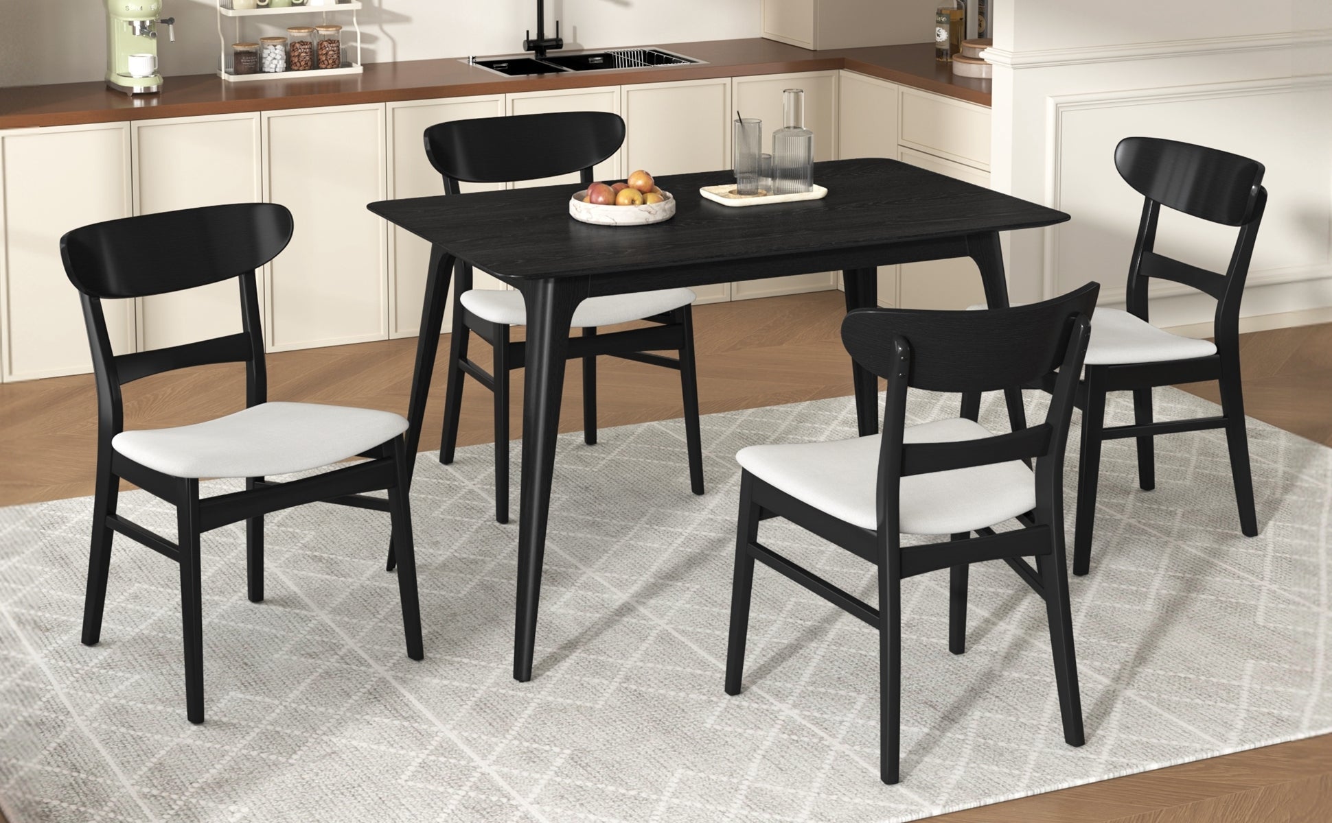 [Video] Mid-Century Modern 5-Piece Dining Set, Rubberwood Frame, One Table and 4 Upholstered Chairs, Black +Light Beige - 1st Choice Furniture Direct