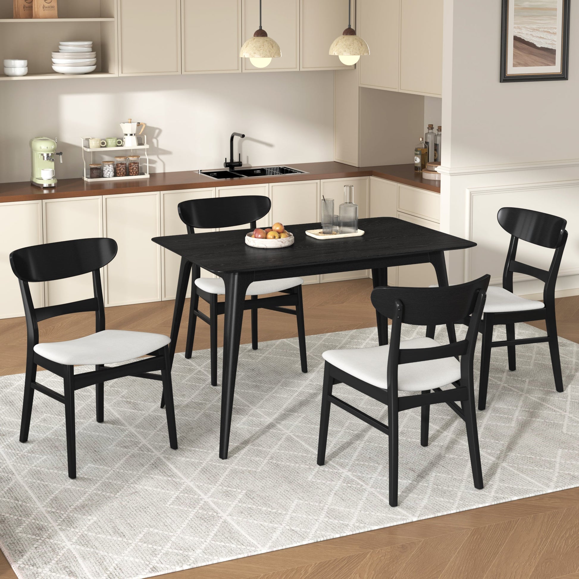 [Video] Mid-Century Modern 5-Piece Dining Set, Rubberwood Frame, One Table and 4 Upholstered Chairs, Black +Light Beige - 1st Choice Furniture Direct