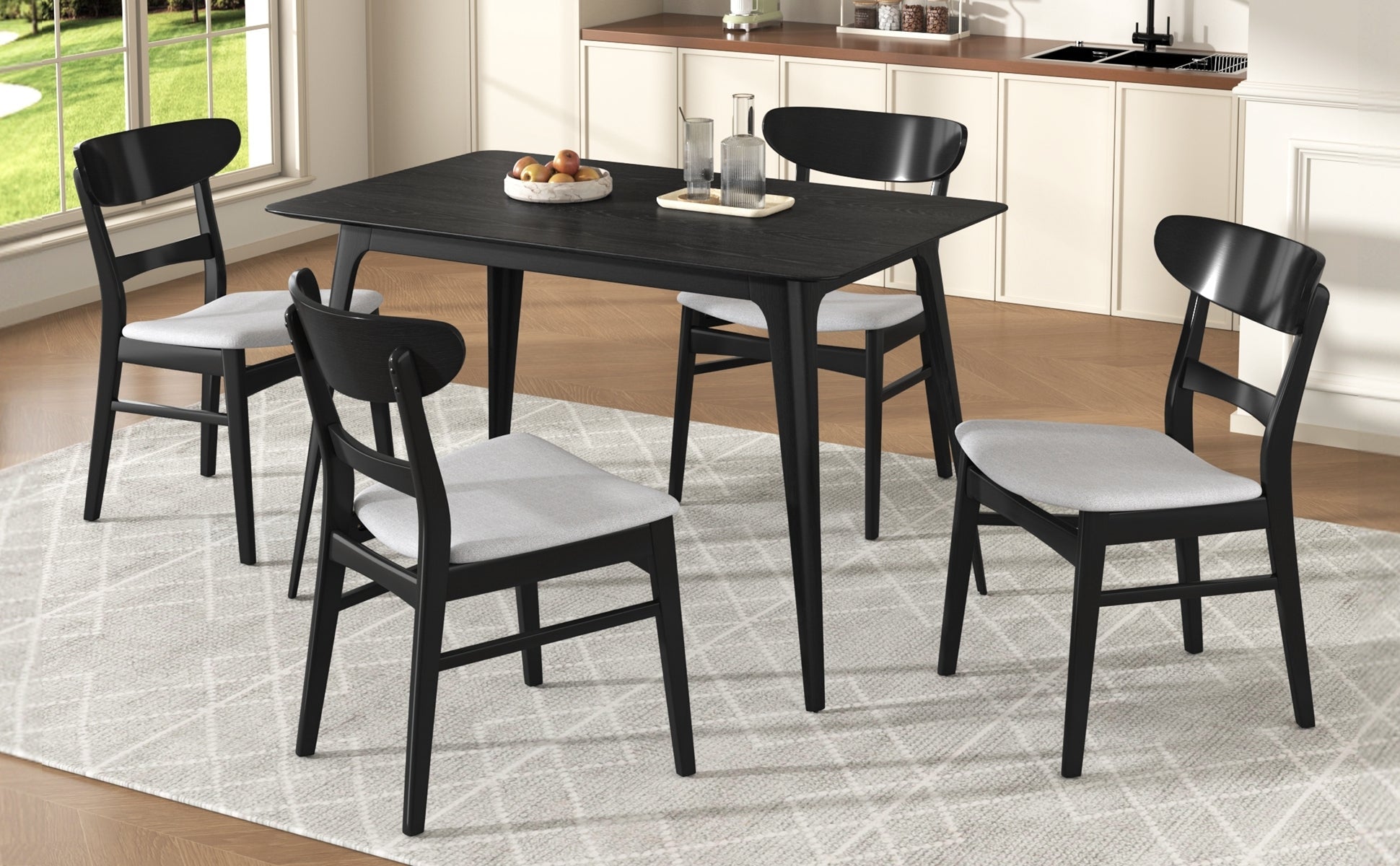 [Video] Mid - Century Modern 5 - Piece Dining Set, Rubberwood Frame, One Table and 4 Upholstered Chairs, Black +Light Gray - 1st Choice Furniture Direct