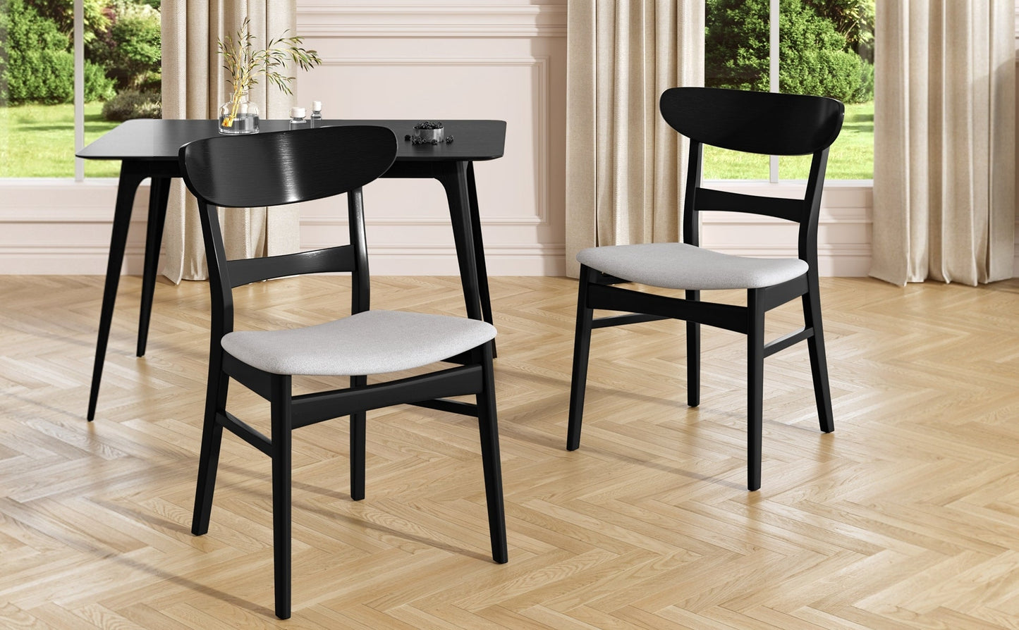 [Video] Mid - Century Modern 5 - Piece Dining Set, Rubberwood Frame, One Table and 4 Upholstered Chairs, Black +Light Gray - 1st Choice Furniture Direct