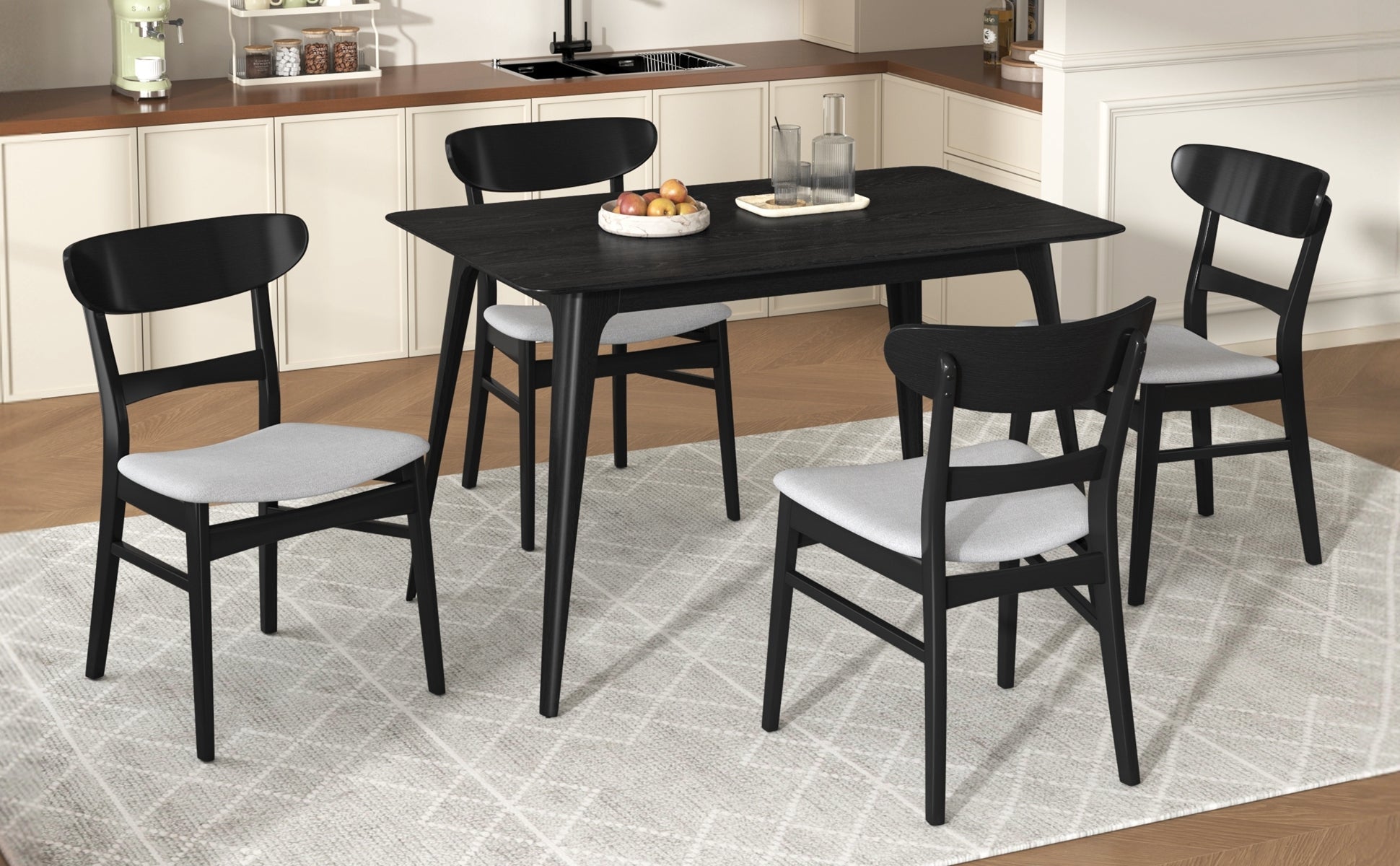 [Video] Mid - Century Modern 5 - Piece Dining Set, Rubberwood Frame, One Table and 4 Upholstered Chairs, Black +Light Gray - 1st Choice Furniture Direct