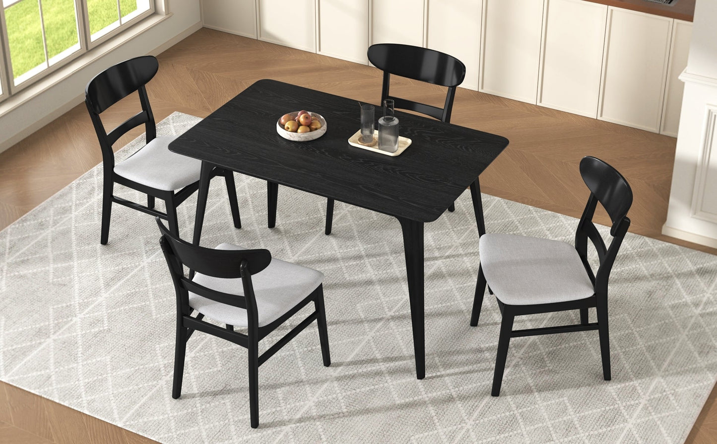 [Video] Mid - Century Modern 5 - Piece Dining Set, Rubberwood Frame, One Table and 4 Upholstered Chairs, Black +Light Gray - 1st Choice Furniture Direct