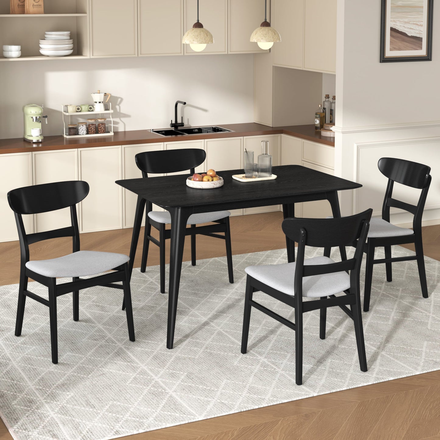 [Video] Mid - Century Modern 5 - Piece Dining Set, Rubberwood Frame, One Table and 4 Upholstered Chairs, Black +Light Gray - 1st Choice Furniture Direct