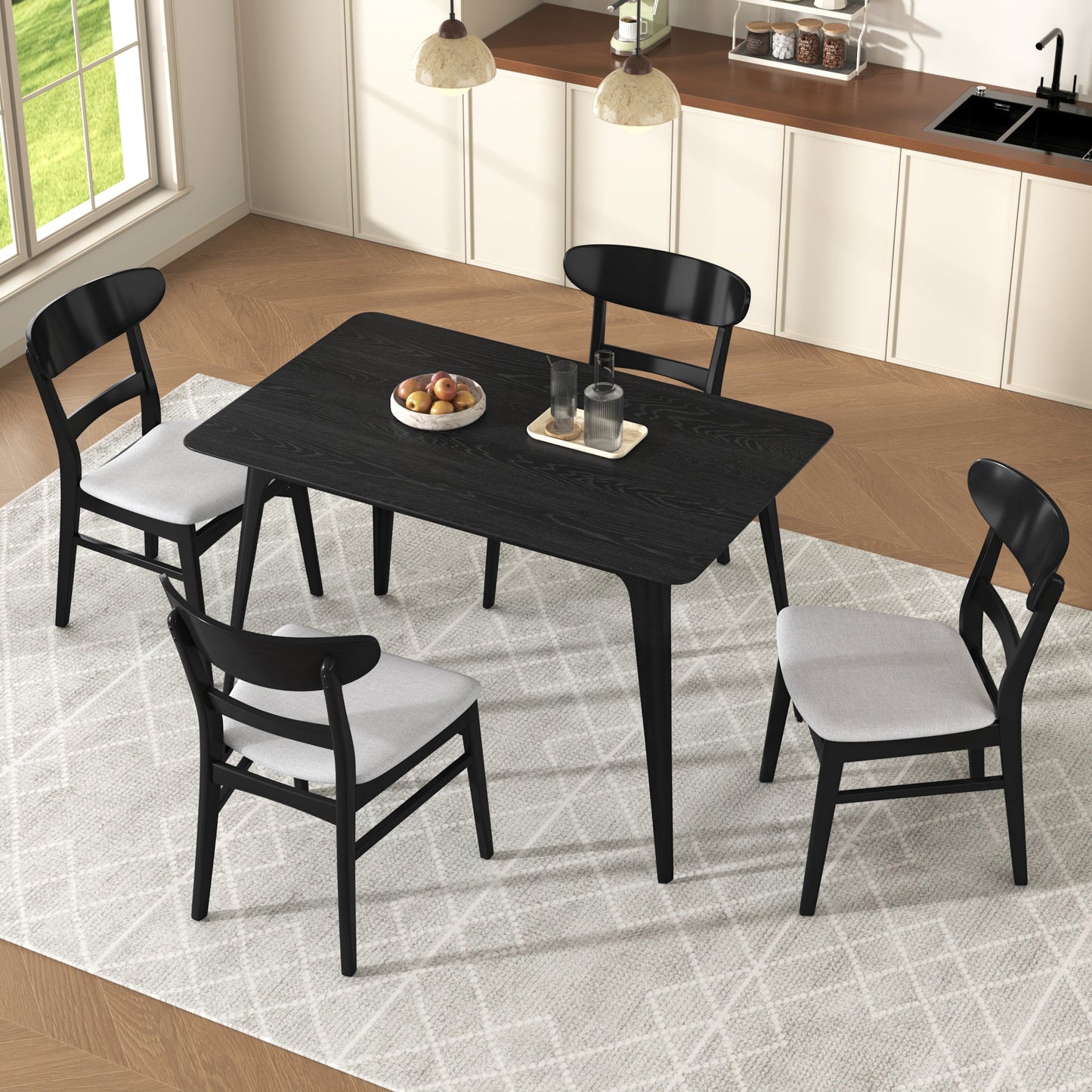 [Video] Mid - Century Modern 5 - Piece Dining Set, Rubberwood Frame, One Table and 4 Upholstered Chairs, Black +Light Gray - 1st Choice Furniture Direct