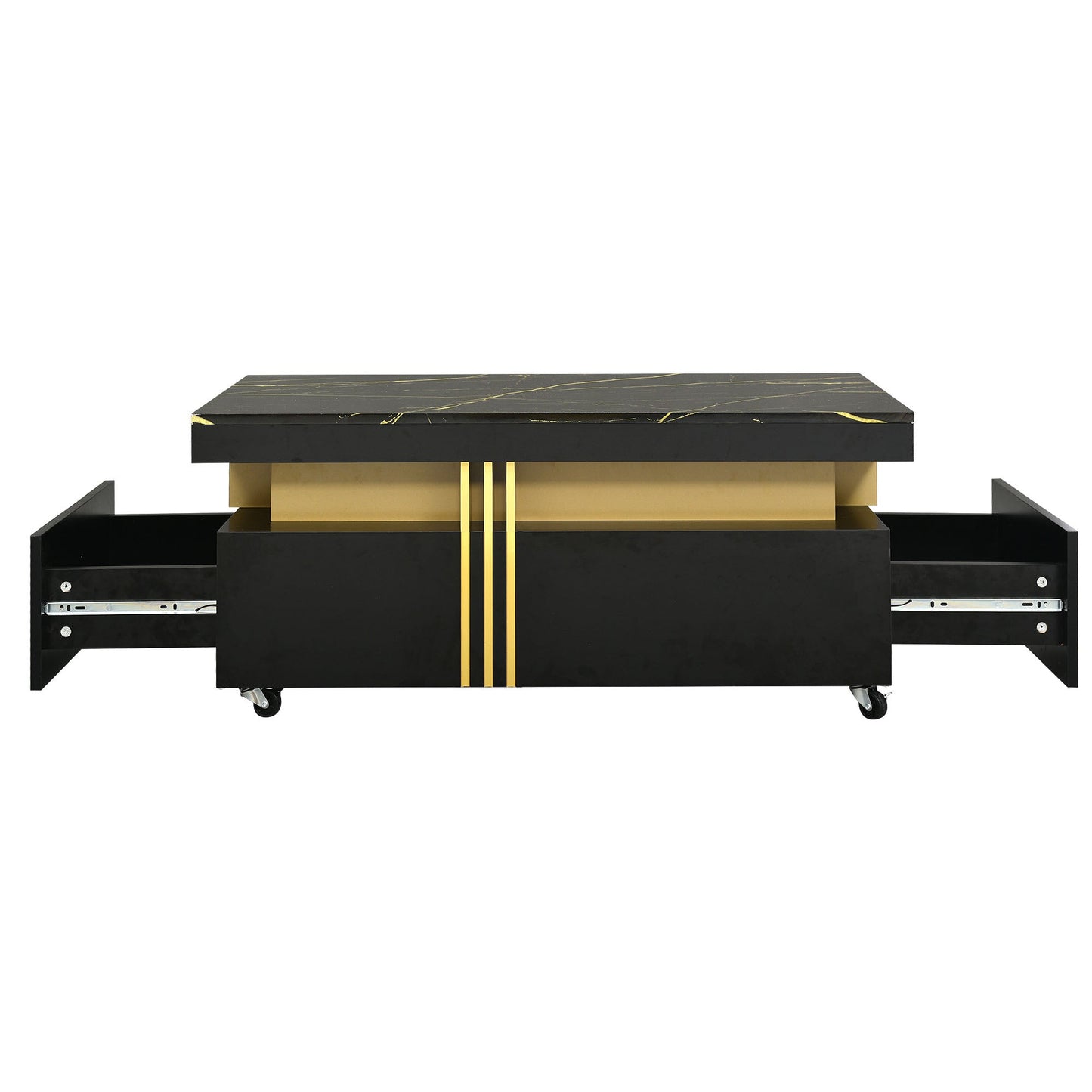 [VIDEO provided] ON - TREND Contemporary Coffee Table with Faux Marble Top, Rectangle Cocktail Table with Caster Wheels, Moderate Luxury Center Table with Gold Metal Bars for Living Room, Black - 1st Choice Furniture Direct