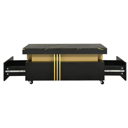 [VIDEO provided] ON - TREND Contemporary Coffee Table with Faux Marble Top, Rectangle Cocktail Table with Caster Wheels, Moderate Luxury Center Table with Gold Metal Bars for Living Room, Black - 1st Choice Furniture Direct