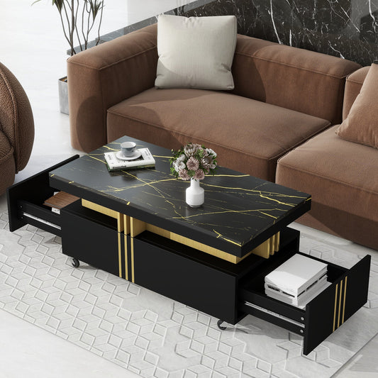 [VIDEO provided] ON - TREND Contemporary Coffee Table with Faux Marble Top, Rectangle Cocktail Table with Caster Wheels, Moderate Luxury Center Table with Gold Metal Bars for Living Room, Black - 1st Choice Furniture Direct