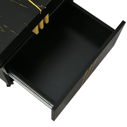 [VIDEO provided] ON - TREND Contemporary Coffee Table with Faux Marble Top, Rectangle Cocktail Table with Caster Wheels, Moderate Luxury Center Table with Gold Metal Bars for Living Room, Black - 1st Choice Furniture Direct