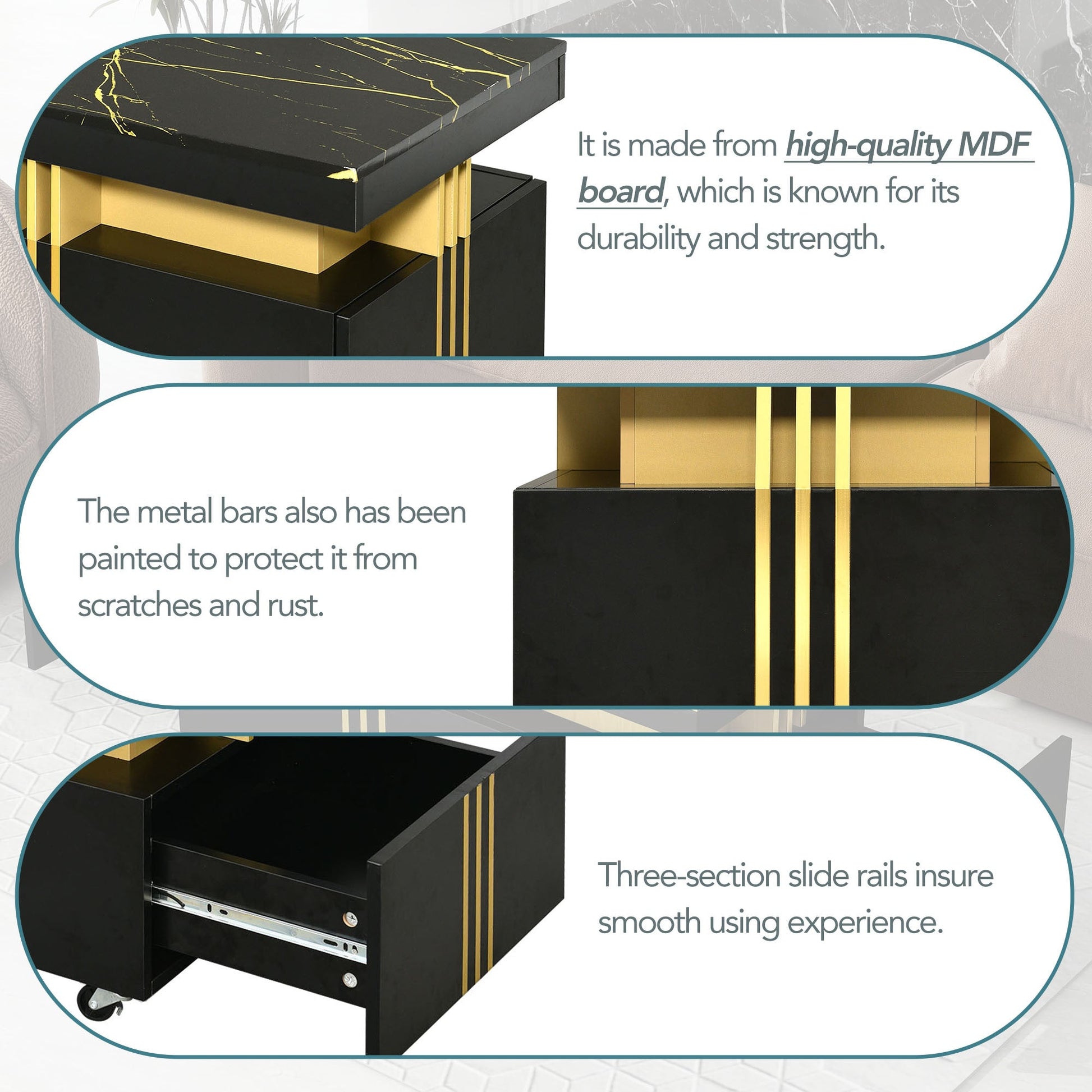 [VIDEO provided] ON - TREND Contemporary Coffee Table with Faux Marble Top, Rectangle Cocktail Table with Caster Wheels, Moderate Luxury Center Table with Gold Metal Bars for Living Room, Black - 1st Choice Furniture Direct