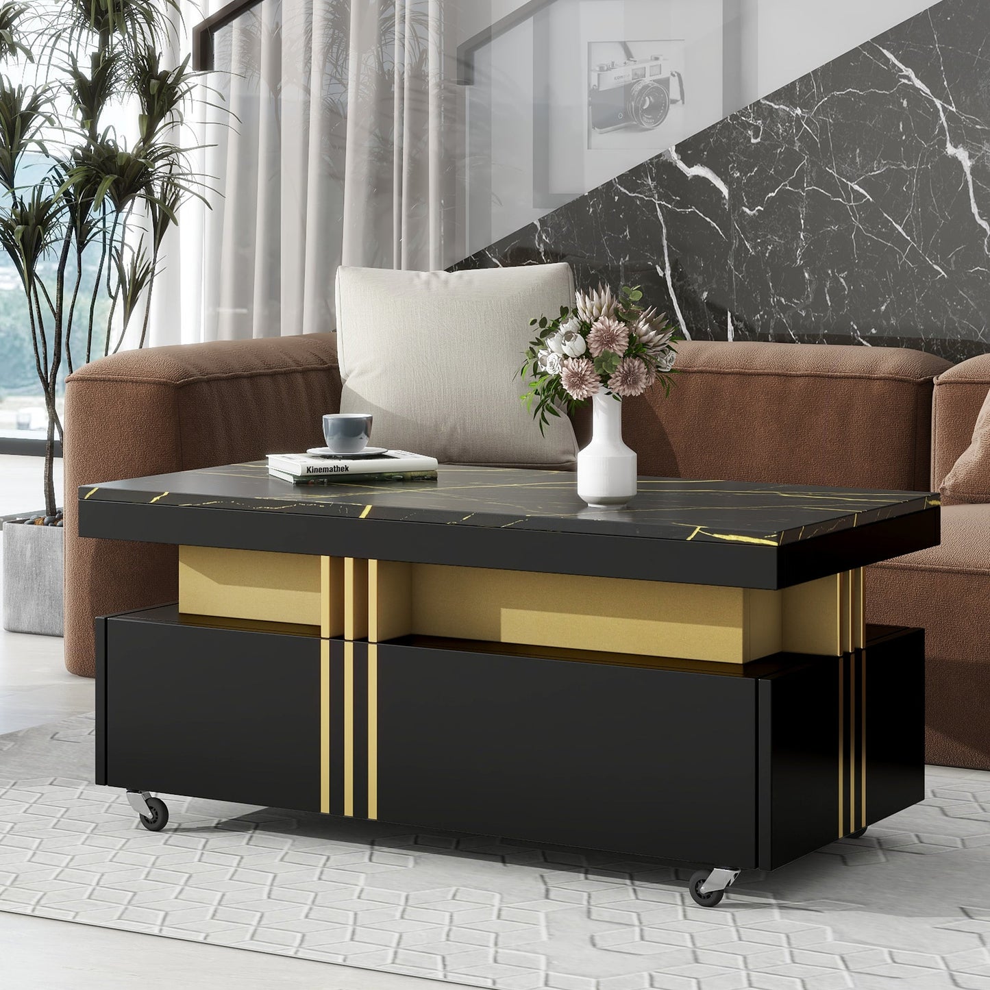 [VIDEO provided] ON - TREND Contemporary Coffee Table with Faux Marble Top, Rectangle Cocktail Table with Caster Wheels, Moderate Luxury Center Table with Gold Metal Bars for Living Room, Black - 1st Choice Furniture Direct