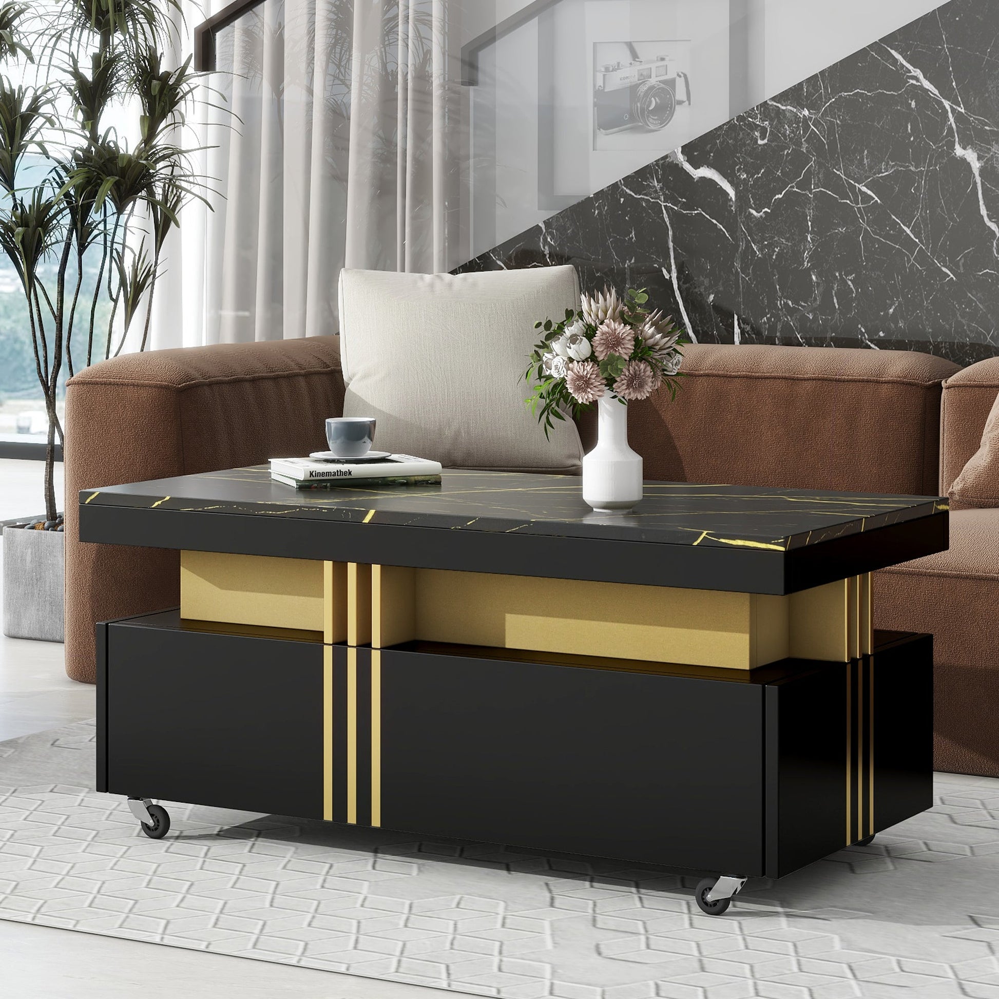 [VIDEO provided] ON - TREND Contemporary Coffee Table with Faux Marble Top, Rectangle Cocktail Table with Caster Wheels, Moderate Luxury Center Table with Gold Metal Bars for Living Room, Black - 1st Choice Furniture Direct