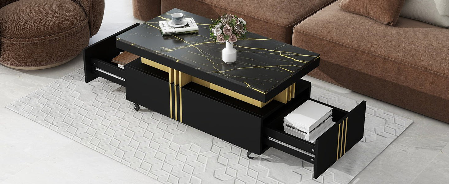 [VIDEO provided] ON - TREND Contemporary Coffee Table with Faux Marble Top, Rectangle Cocktail Table with Caster Wheels, Moderate Luxury Center Table with Gold Metal Bars for Living Room, Black - 1st Choice Furniture Direct
