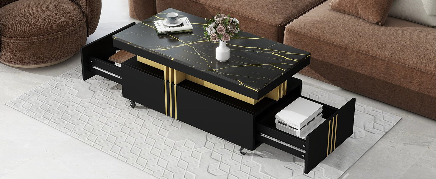[VIDEO provided] ON - TREND Contemporary Coffee Table with Faux Marble Top, Rectangle Cocktail Table with Caster Wheels, Moderate Luxury Center Table with Gold Metal Bars for Living Room, Black - 1st Choice Furniture Direct