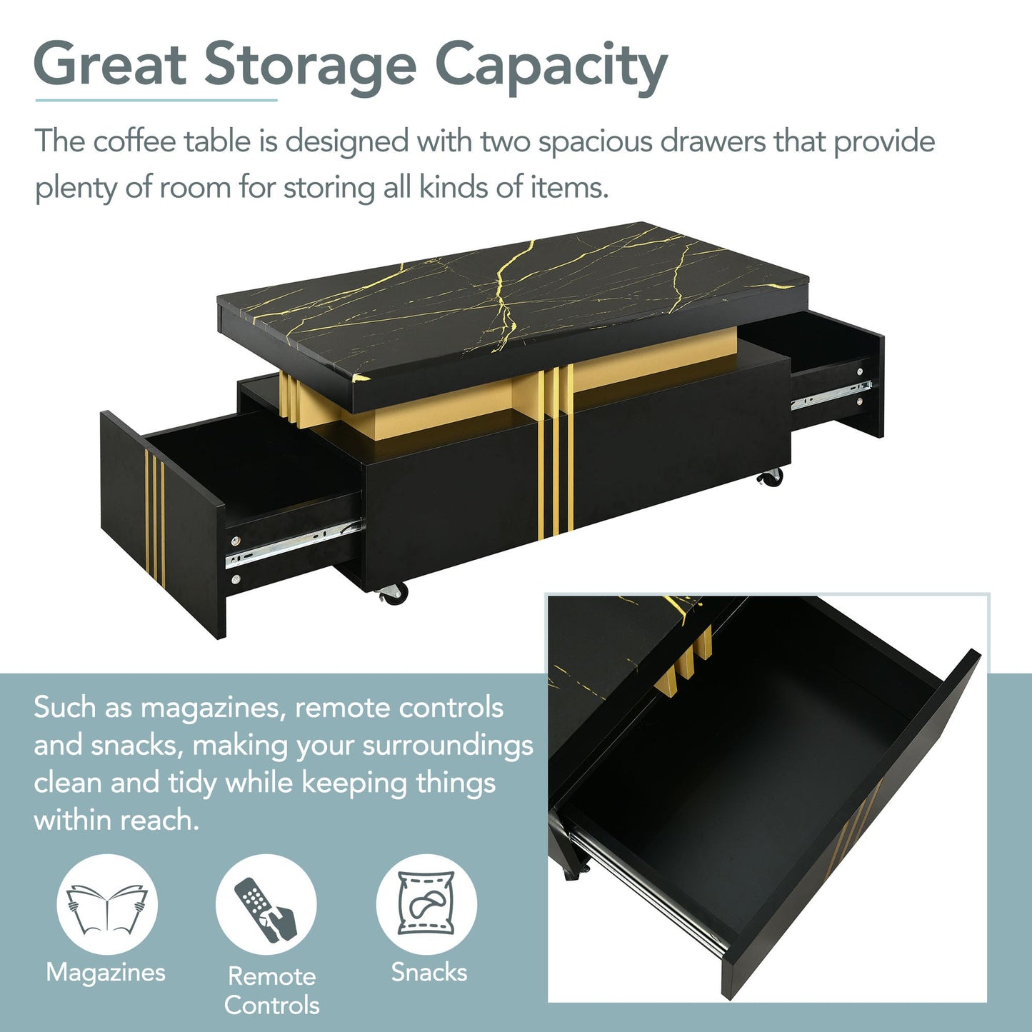 [VIDEO provided] ON - TREND Contemporary Coffee Table with Faux Marble Top, Rectangle Cocktail Table with Caster Wheels, Moderate Luxury Center Table with Gold Metal Bars for Living Room, Black - 1st Choice Furniture Direct