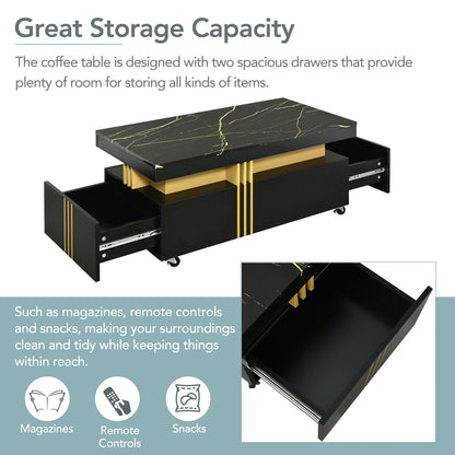 [VIDEO provided] ON - TREND Contemporary Coffee Table with Faux Marble Top, Rectangle Cocktail Table with Caster Wheels, Moderate Luxury Center Table with Gold Metal Bars for Living Room, Black - 1st Choice Furniture Direct