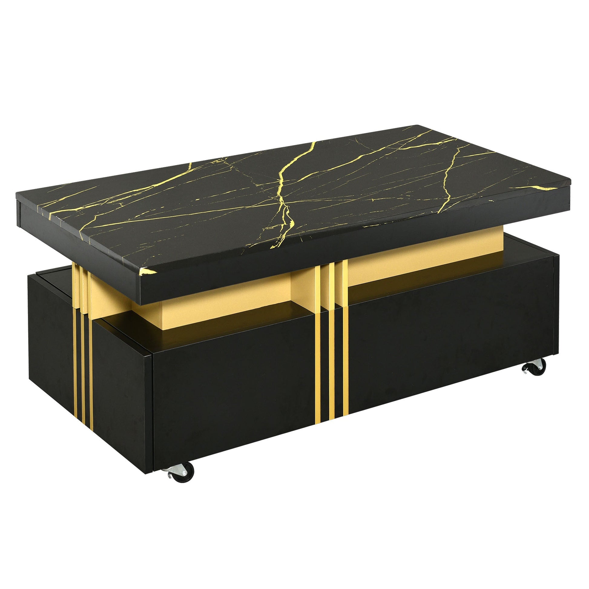 [VIDEO provided] ON - TREND Contemporary Coffee Table with Faux Marble Top, Rectangle Cocktail Table with Caster Wheels, Moderate Luxury Center Table with Gold Metal Bars for Living Room, Black - 1st Choice Furniture Direct
