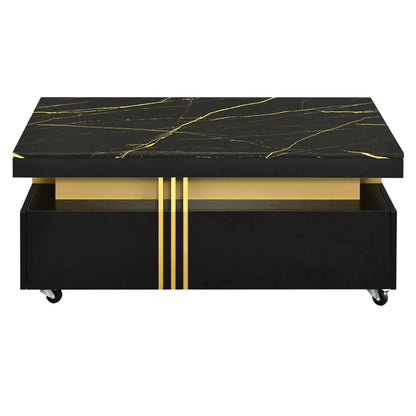 [VIDEO provided] ON - TREND Contemporary Coffee Table with Faux Marble Top, Rectangle Cocktail Table with Caster Wheels, Moderate Luxury Center Table with Gold Metal Bars for Living Room, Black - 1st Choice Furniture Direct