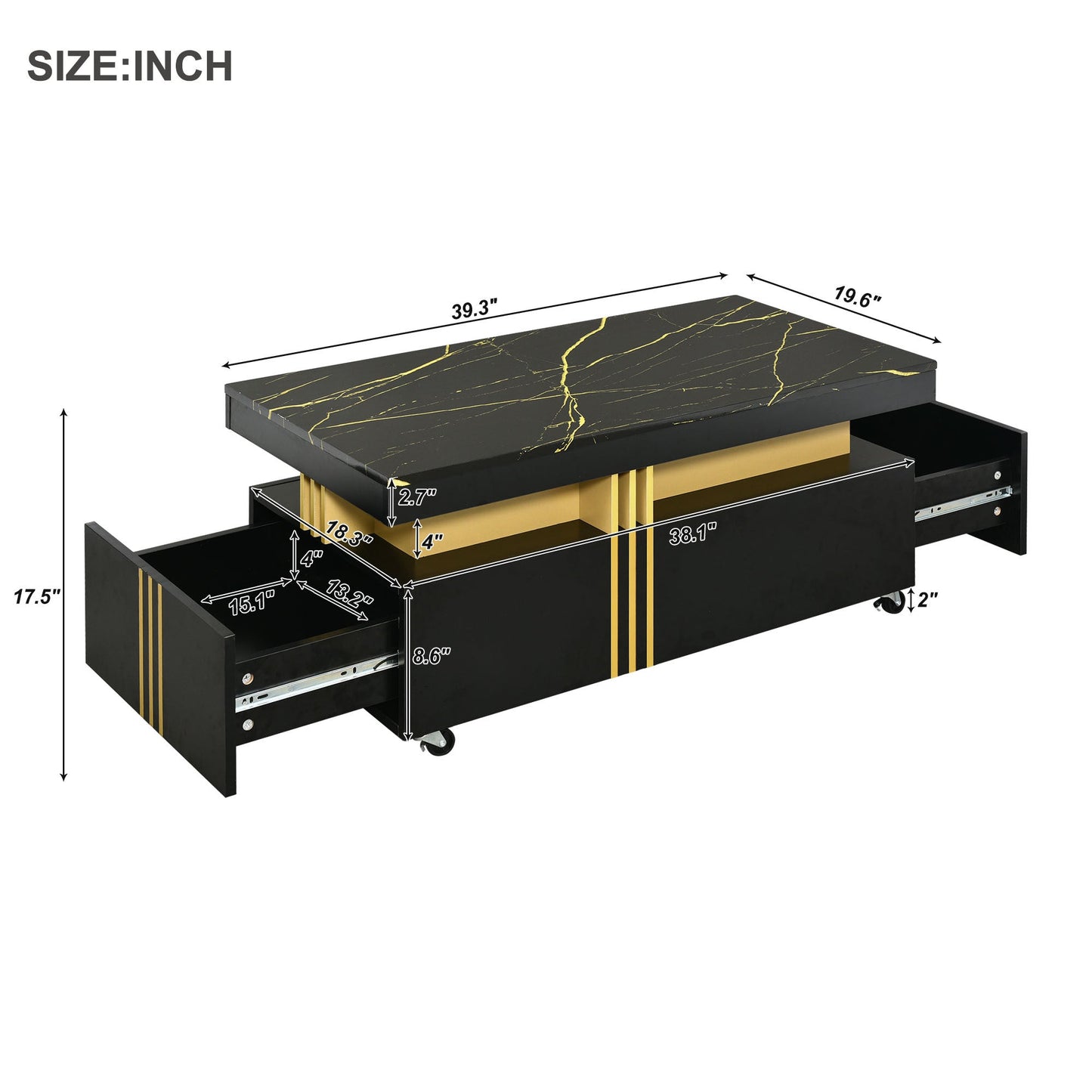 [VIDEO provided] ON - TREND Contemporary Coffee Table with Faux Marble Top, Rectangle Cocktail Table with Caster Wheels, Moderate Luxury Center Table with Gold Metal Bars for Living Room, Black - 1st Choice Furniture Direct