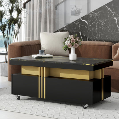 [VIDEO provided] ON - TREND Contemporary Coffee Table with Faux Marble Top, Rectangle Cocktail Table with Caster Wheels, Moderate Luxury Center Table with Gold Metal Bars for Living Room, Black - 1st Choice Furniture Direct