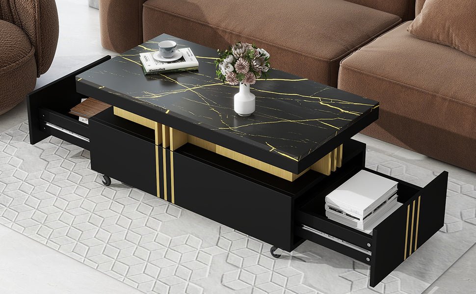 [VIDEO provided] ON - TREND Contemporary Coffee Table with Faux Marble Top, Rectangle Cocktail Table with Caster Wheels, Moderate Luxury Center Table with Gold Metal Bars for Living Room, Black - 1st Choice Furniture Direct