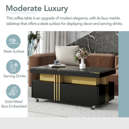[VIDEO provided] ON - TREND Contemporary Coffee Table with Faux Marble Top, Rectangle Cocktail Table with Caster Wheels, Moderate Luxury Center Table with Gold Metal Bars for Living Room, Black - 1st Choice Furniture Direct
