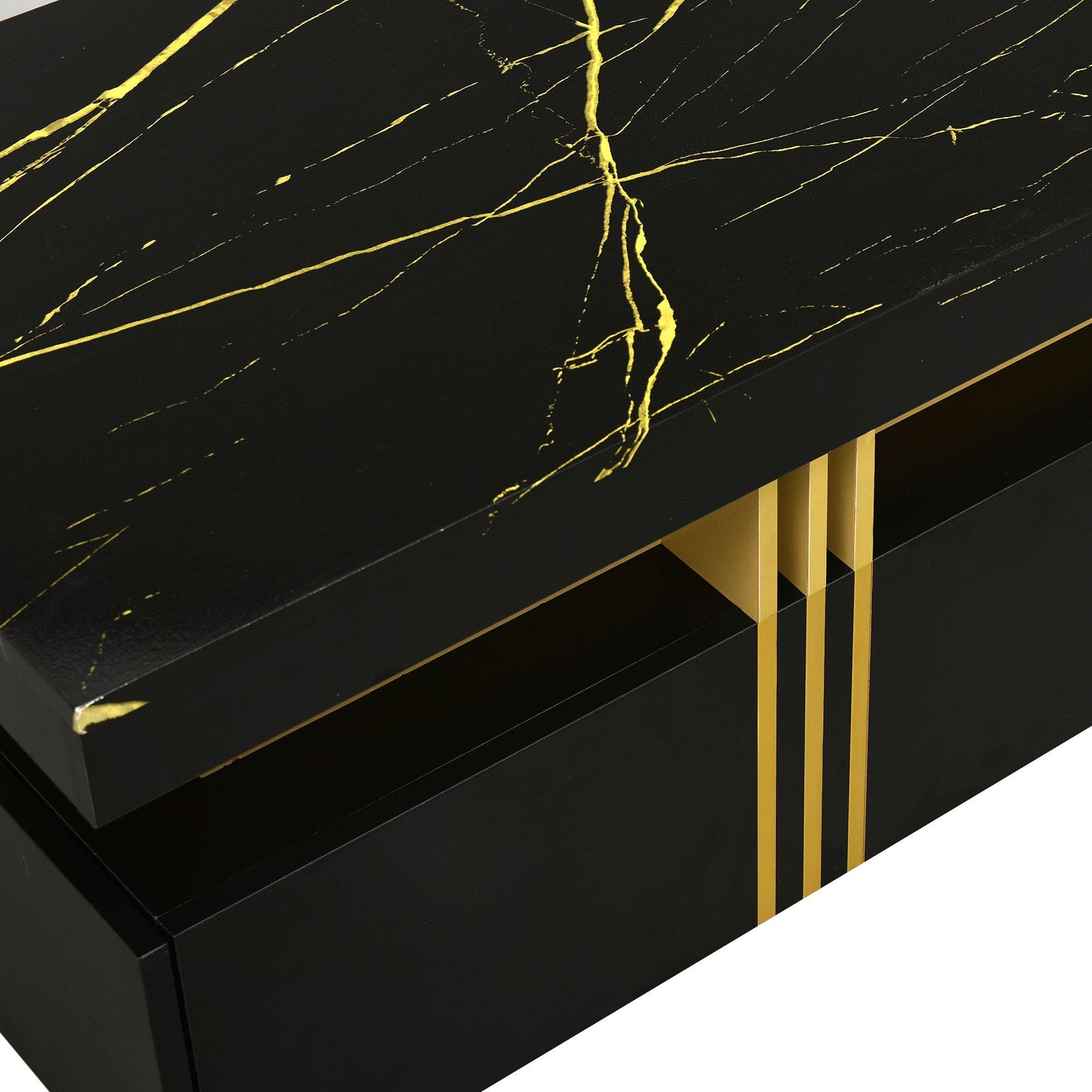 [VIDEO provided] ON - TREND Contemporary Coffee Table with Faux Marble Top, Rectangle Cocktail Table with Caster Wheels, Moderate Luxury Center Table with Gold Metal Bars for Living Room, Black - 1st Choice Furniture Direct