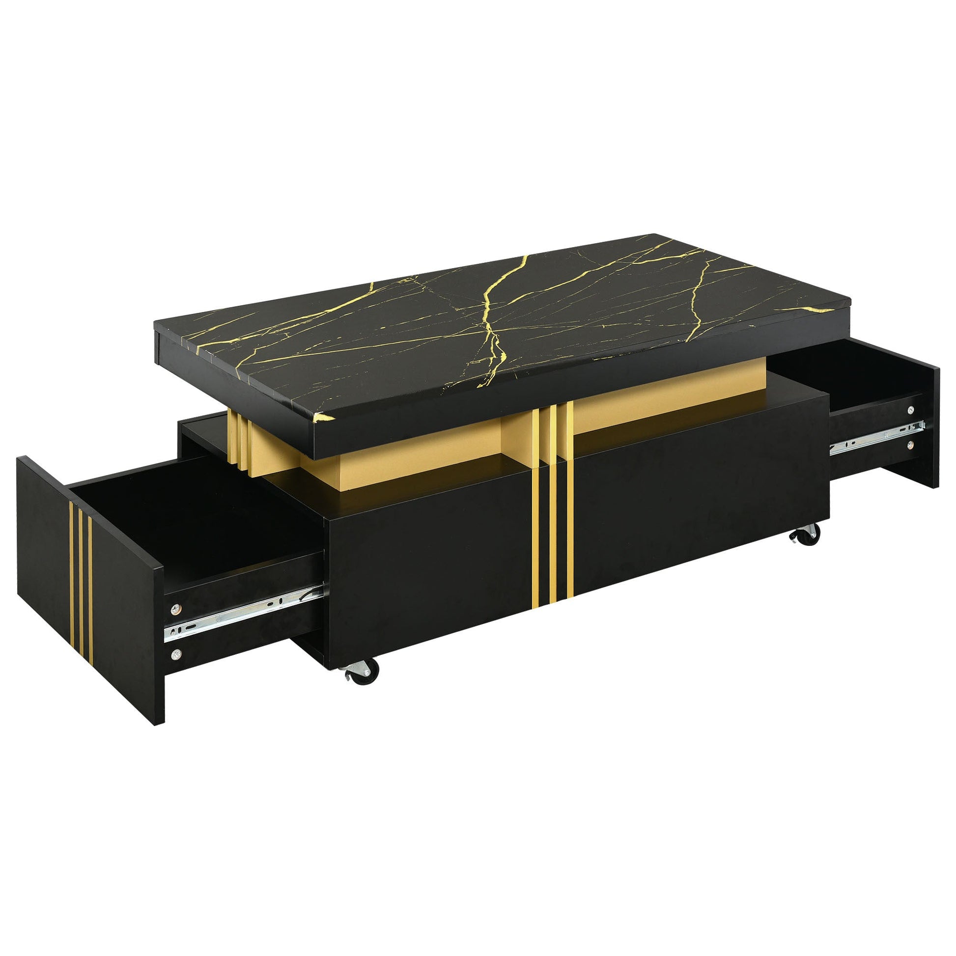 [VIDEO provided] ON - TREND Contemporary Coffee Table with Faux Marble Top, Rectangle Cocktail Table with Caster Wheels, Moderate Luxury Center Table with Gold Metal Bars for Living Room, Black - 1st Choice Furniture Direct