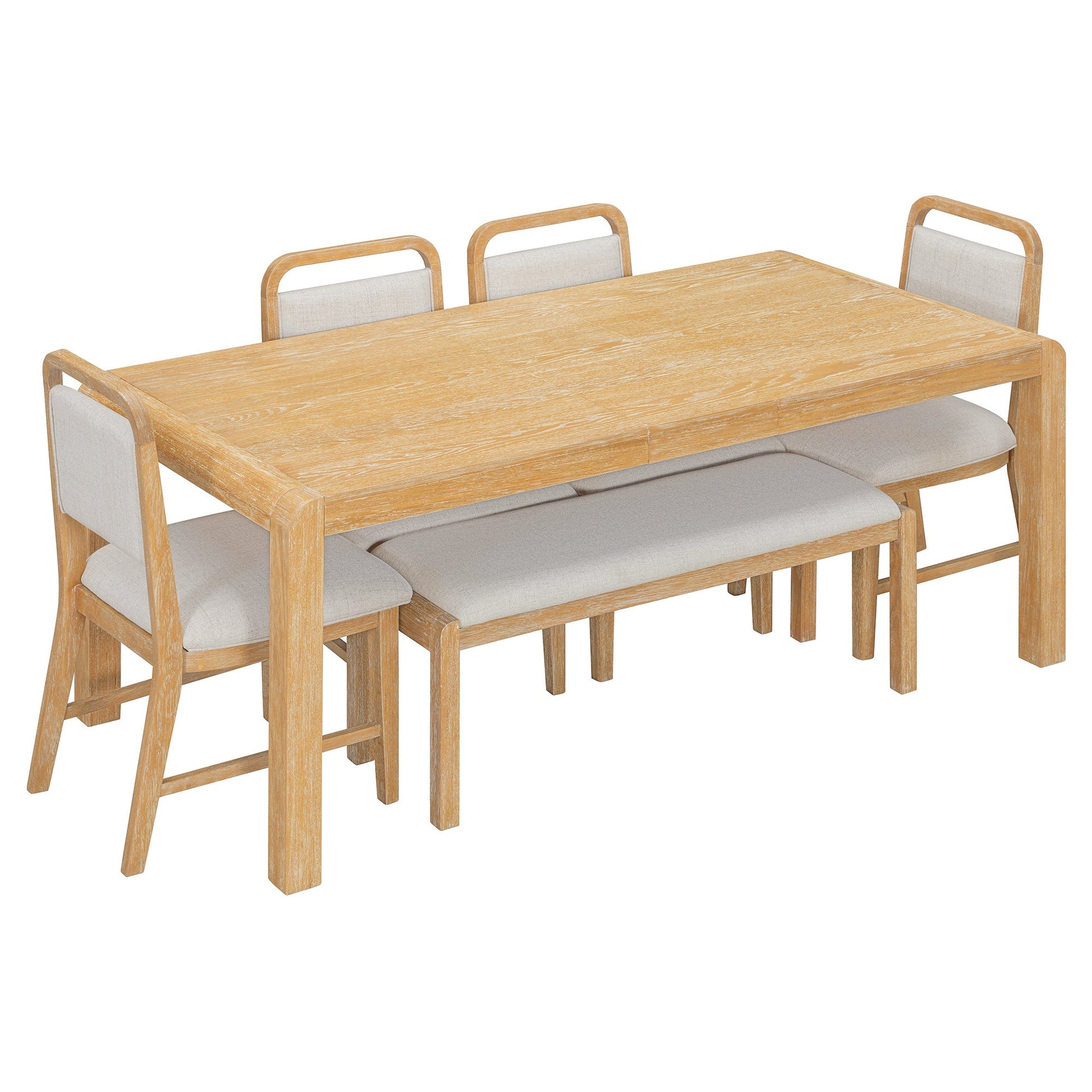 [Video Provided] TREXM Vintage Extendable Dining Table Set for 4 - 6 with 4 Upholstered Chairs and 1 Bench, Rustic Wire Brushed Kitchen Table Set with Curved Design for Dining Room and Kitchen (Natural) - 1st Choice Furniture Direct