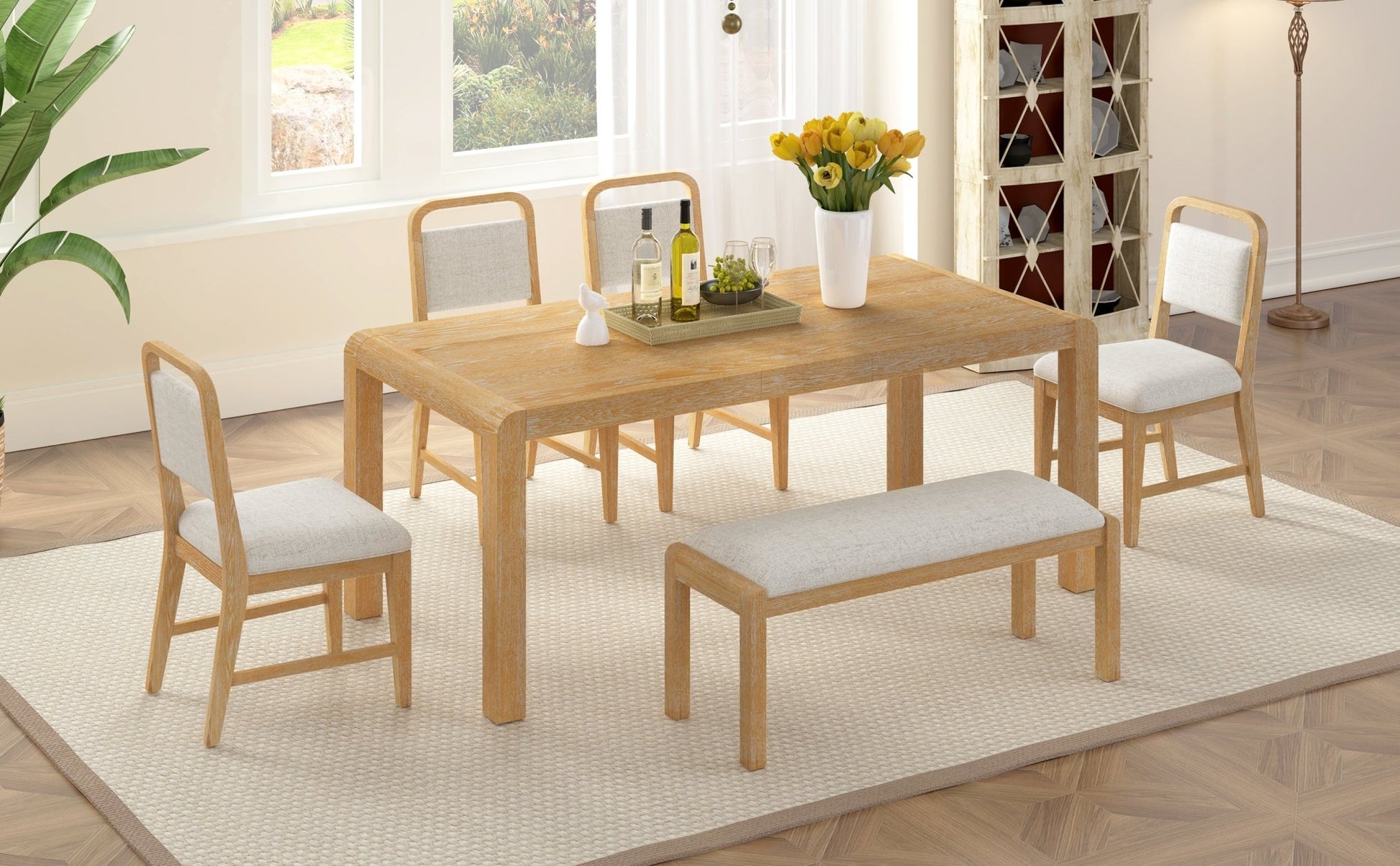 [Video Provided] TREXM Vintage Extendable Dining Table Set for 4 - 6 with 4 Upholstered Chairs and 1 Bench, Rustic Wire Brushed Kitchen Table Set with Curved Design for Dining Room and Kitchen (Natural) - 1st Choice Furniture Direct