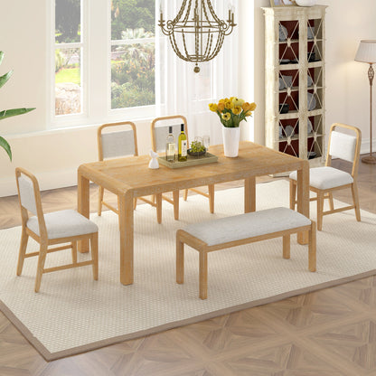 [Video Provided] TREXM Vintage Extendable Dining Table Set for 4 - 6 with 4 Upholstered Chairs and 1 Bench, Rustic Wire Brushed Kitchen Table Set with Curved Design for Dining Room and Kitchen (Natural) - 1st Choice Furniture Direct