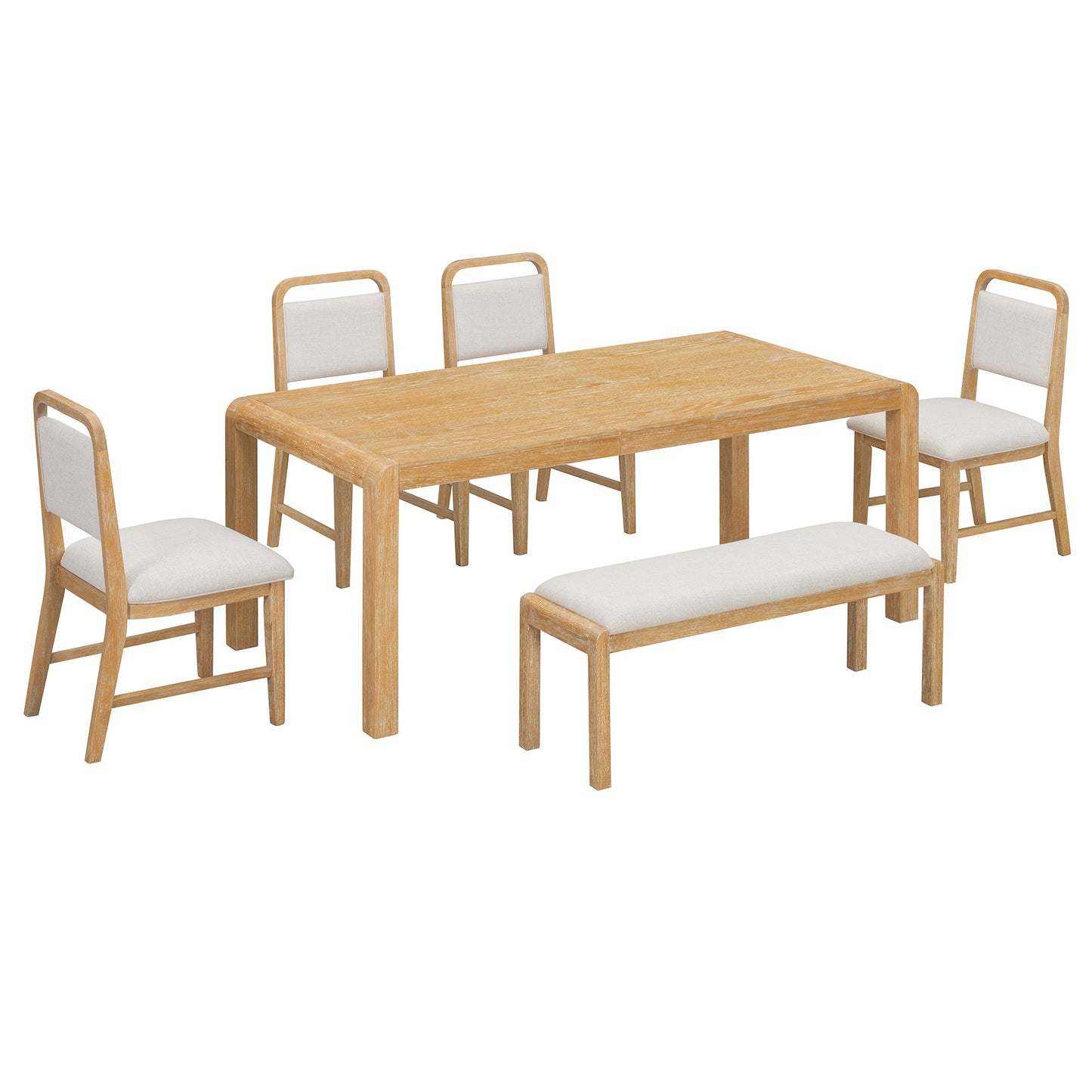 [Video Provided] TREXM Vintage Extendable Dining Table Set for 4 - 6 with 4 Upholstered Chairs and 1 Bench, Rustic Wire Brushed Kitchen Table Set with Curved Design for Dining Room and Kitchen (Natural) - 1st Choice Furniture Direct