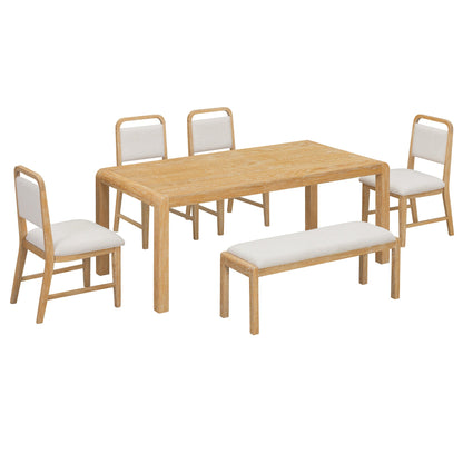 [Video Provided] TREXM Vintage Extendable Dining Table Set for 4 - 6 with 4 Upholstered Chairs and 1 Bench, Rustic Wire Brushed Kitchen Table Set with Curved Design for Dining Room and Kitchen (Natural) - 1st Choice Furniture Direct