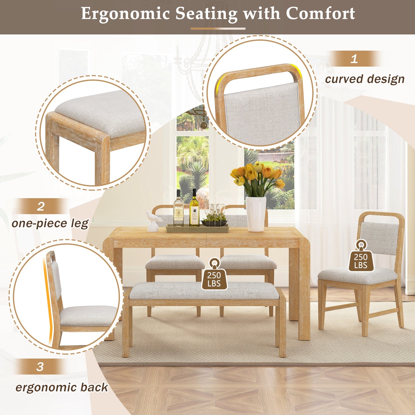 [Video Provided] TREXM Vintage Extendable Dining Table Set for 4 - 6 with 4 Upholstered Chairs and 1 Bench, Rustic Wire Brushed Kitchen Table Set with Curved Design for Dining Room and Kitchen (Natural) - 1st Choice Furniture Direct