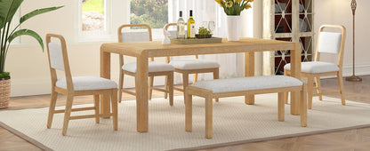 [Video Provided] TREXM Vintage Extendable Dining Table Set for 4 - 6 with 4 Upholstered Chairs and 1 Bench, Rustic Wire Brushed Kitchen Table Set with Curved Design for Dining Room and Kitchen (Natural) - 1st Choice Furniture Direct